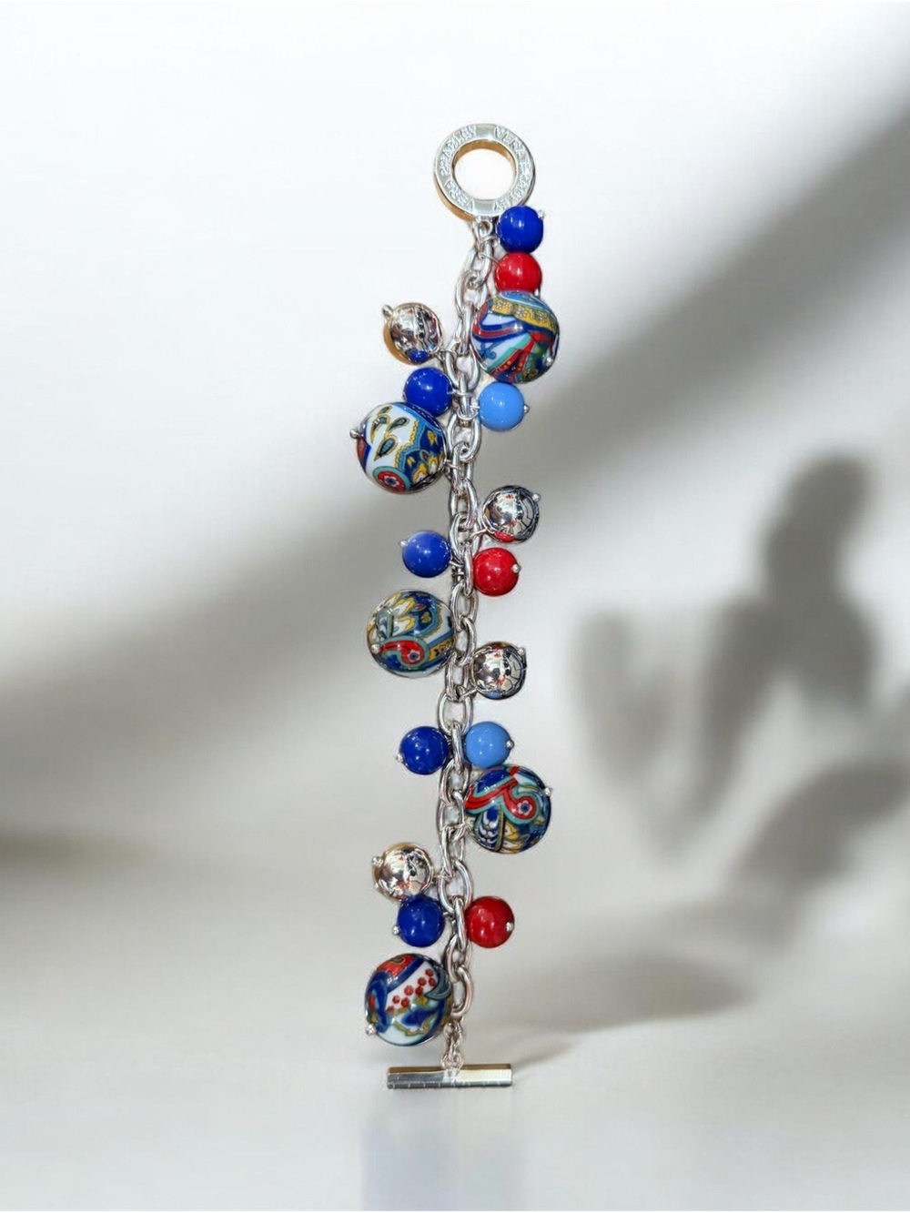 Vera Bradley Vtg Millefiori Murano Glass Charm Bracelet Silver-Tone Toggle 8”